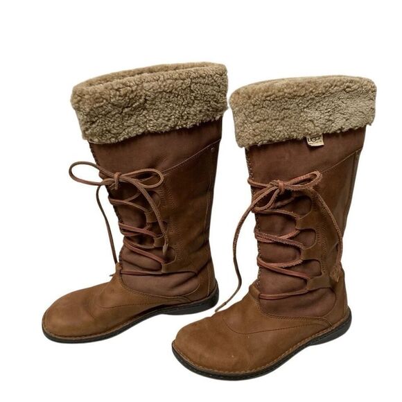 UGG Australia tan leather lace up Tall Torrey women’s 9 Sherling cuff/ lined - Picture 1 of 15
